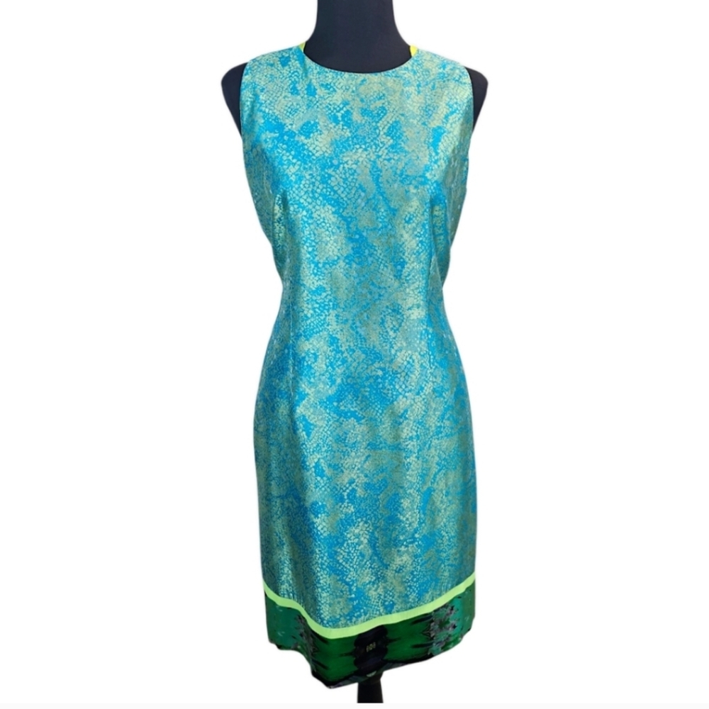 Elie Tahari Turquoise and Lime Green Sleeveless Sheath Dress